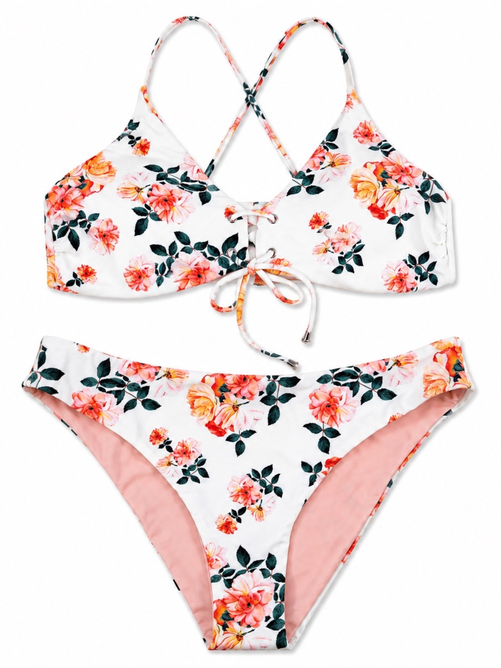 Cupshe White Floral Lace-Up Crossback Bikini with Pink Lining